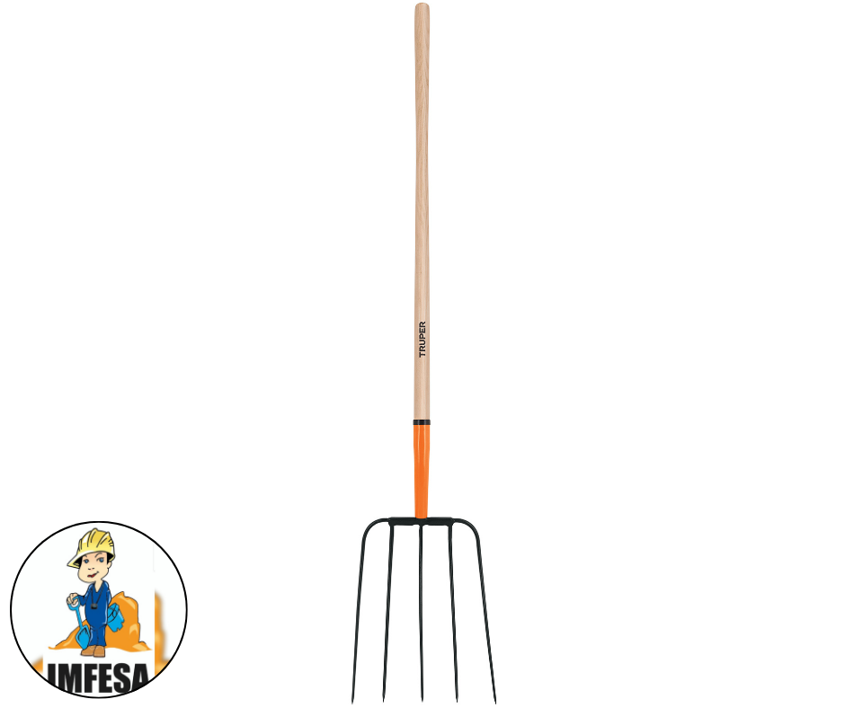 Bieldo para paja, 5 dientes, mgo largo 48&#34;, cab/grande