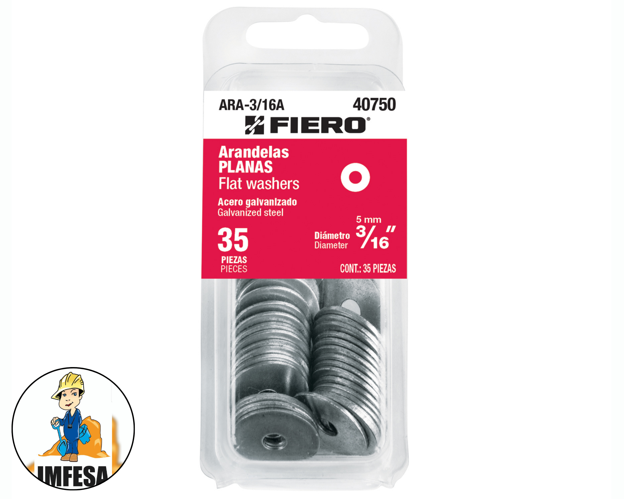 Blíster con 35 arandelas planas de 3/16&#34;