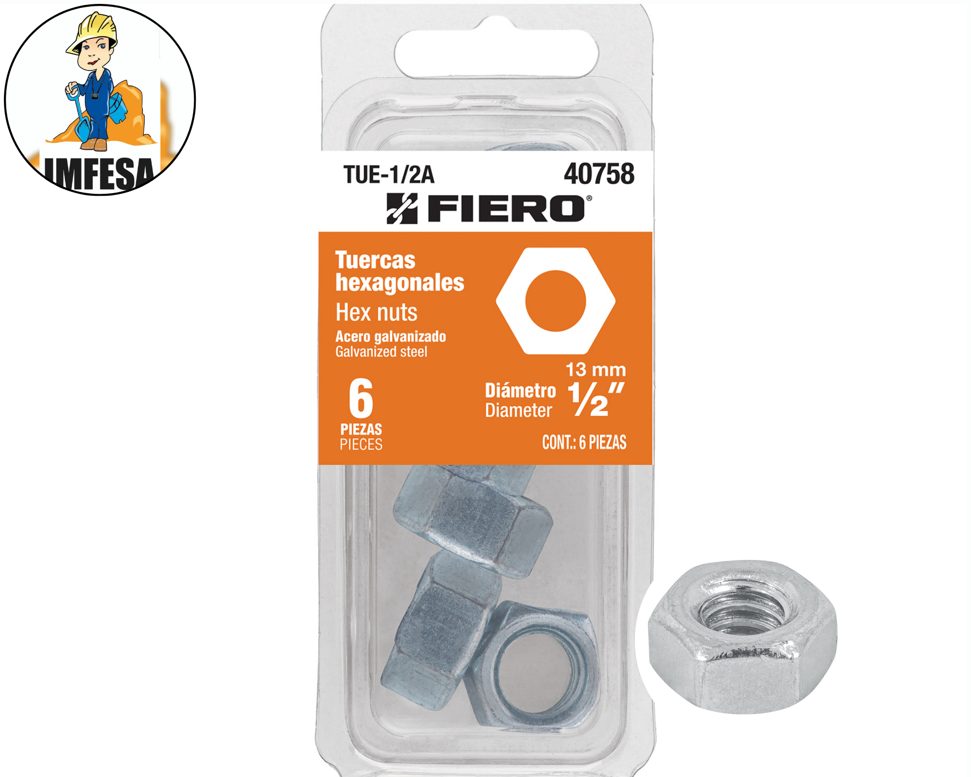 Blíster con 12 tuercas 3/8&#34; hexagonales de acero galvanizado