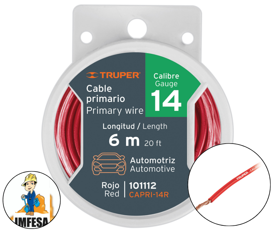 Carrete con 6 m de cable primario rojo calibre 14