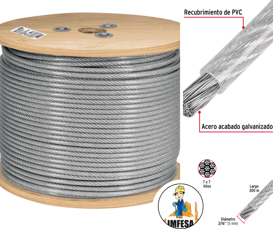 Metro de cable rígido 3/16&#34; acero 7x7 recubierto PVC, 300 m