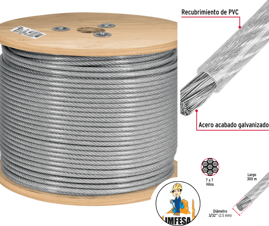 Metro de cable rígido 3/32&#34; acero 7x7 recubierto PVC, 300 m