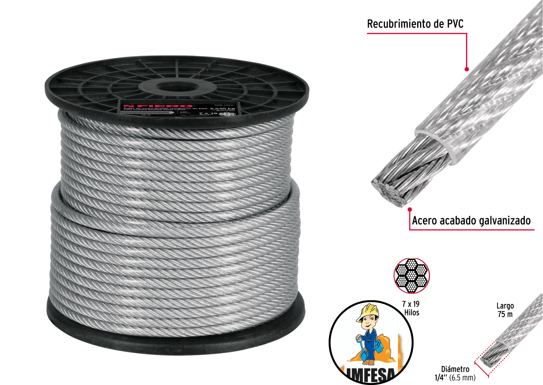 Metro cable flexible 1/4&#34; acero 7x19 recubierto PVC, 75 m