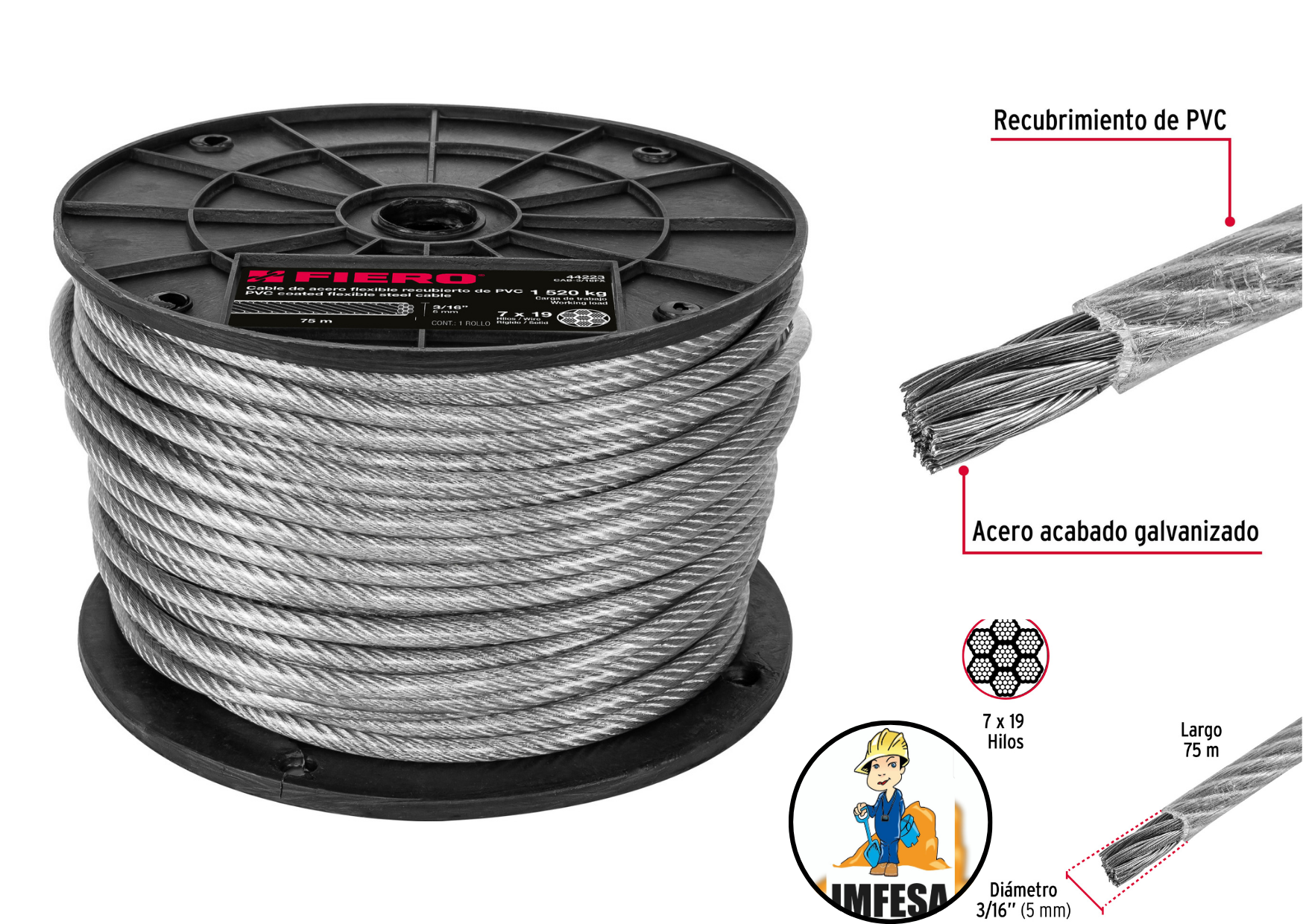 Metro cable flexible 3/16&#34; acero 7x19 recubierto PVC, 75 m