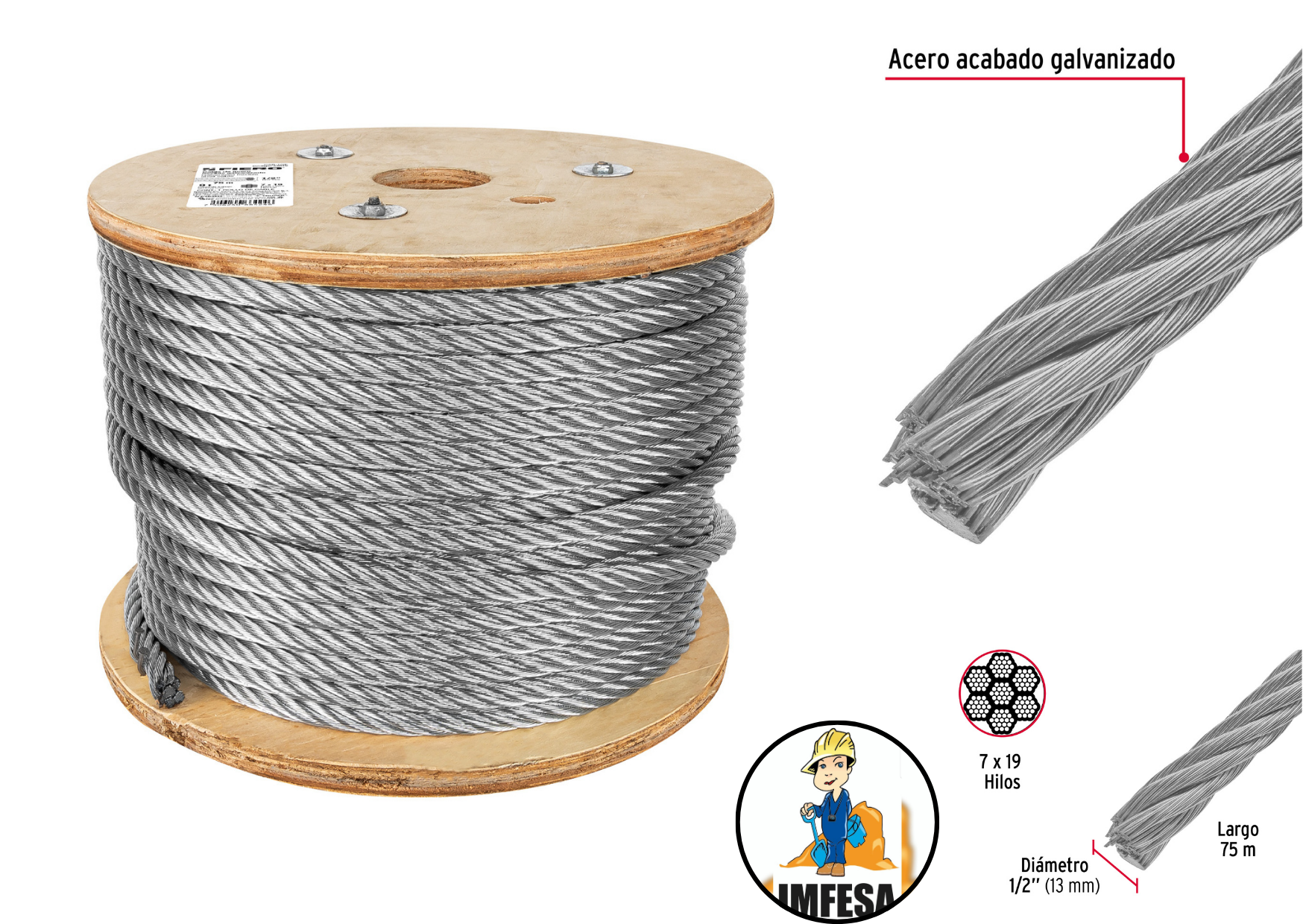 Metro de cable flexible 1/2&#34; de acero 7x19 hilos, 75 m