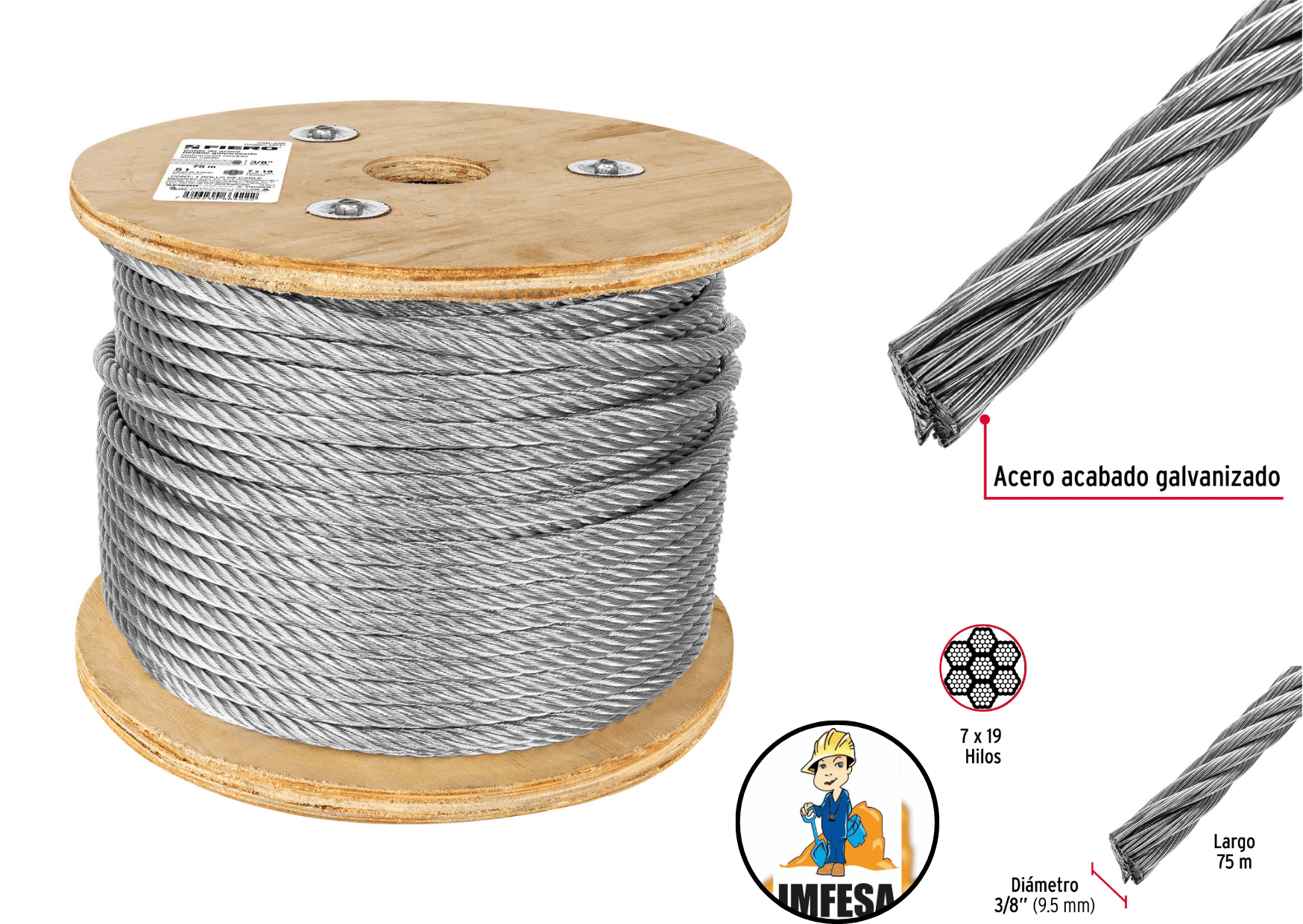 Metro de cable flexible 3/8&#34; de acero 7x19 hilos, 75 m