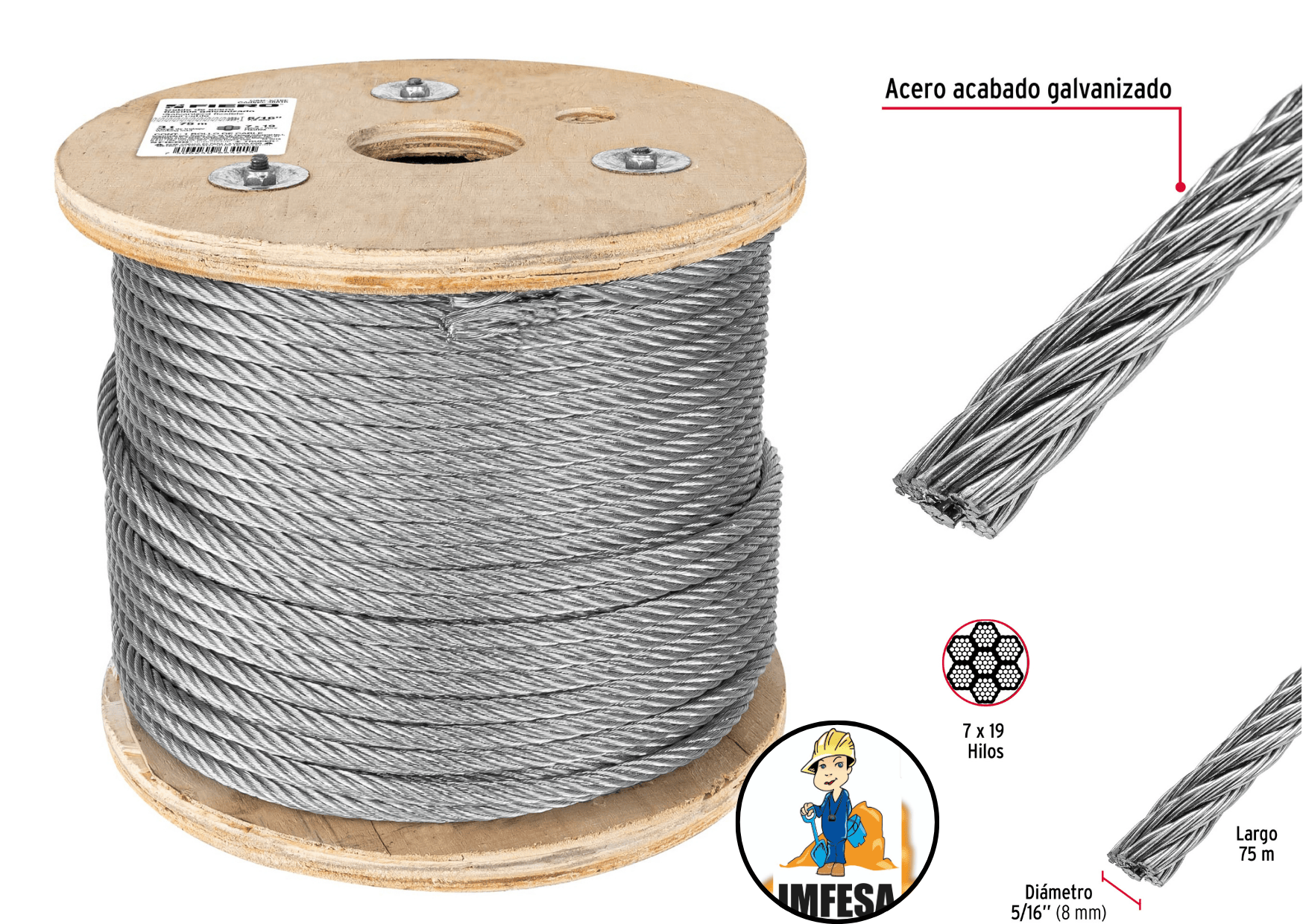 Metro de cable flexible 5/16&#34; de acero 7x19 hilos, 75 m