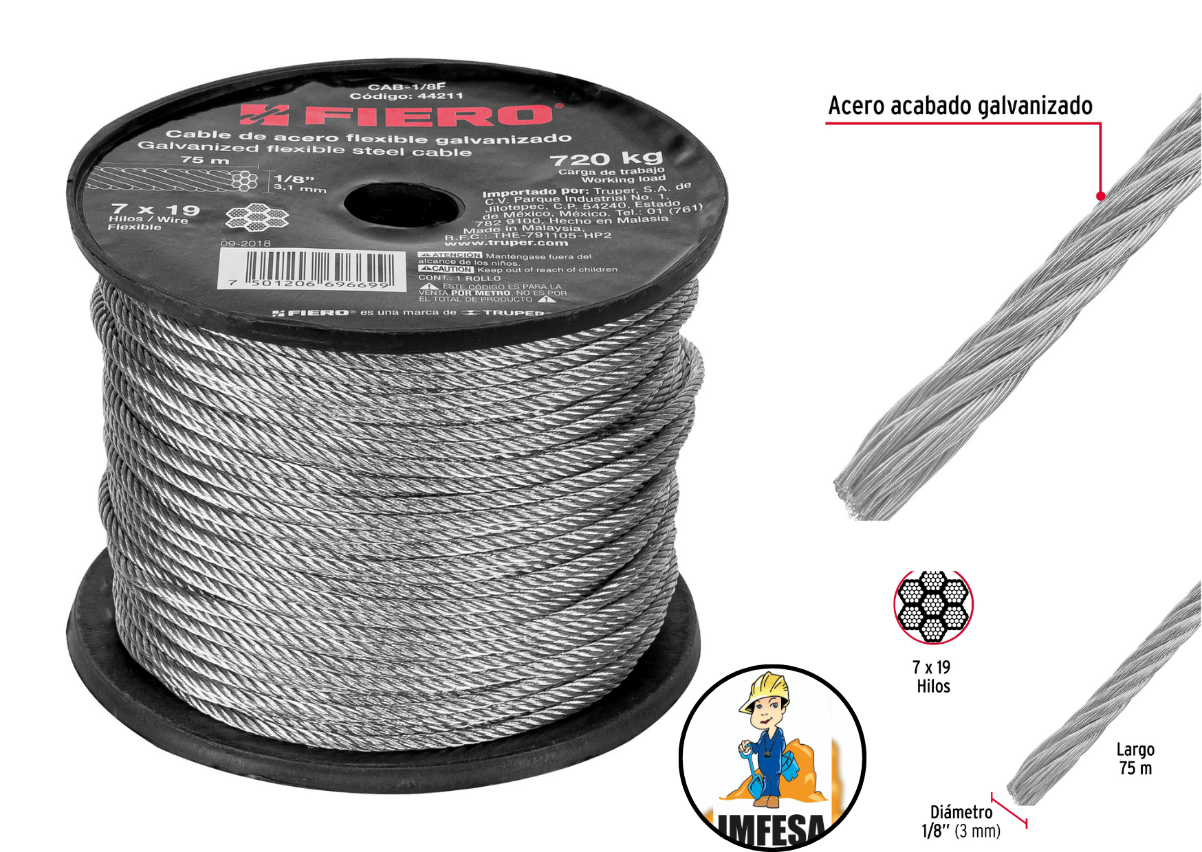 Metro de cable flexible 1/8&#34; de acero 7x19 hilos, 75 m