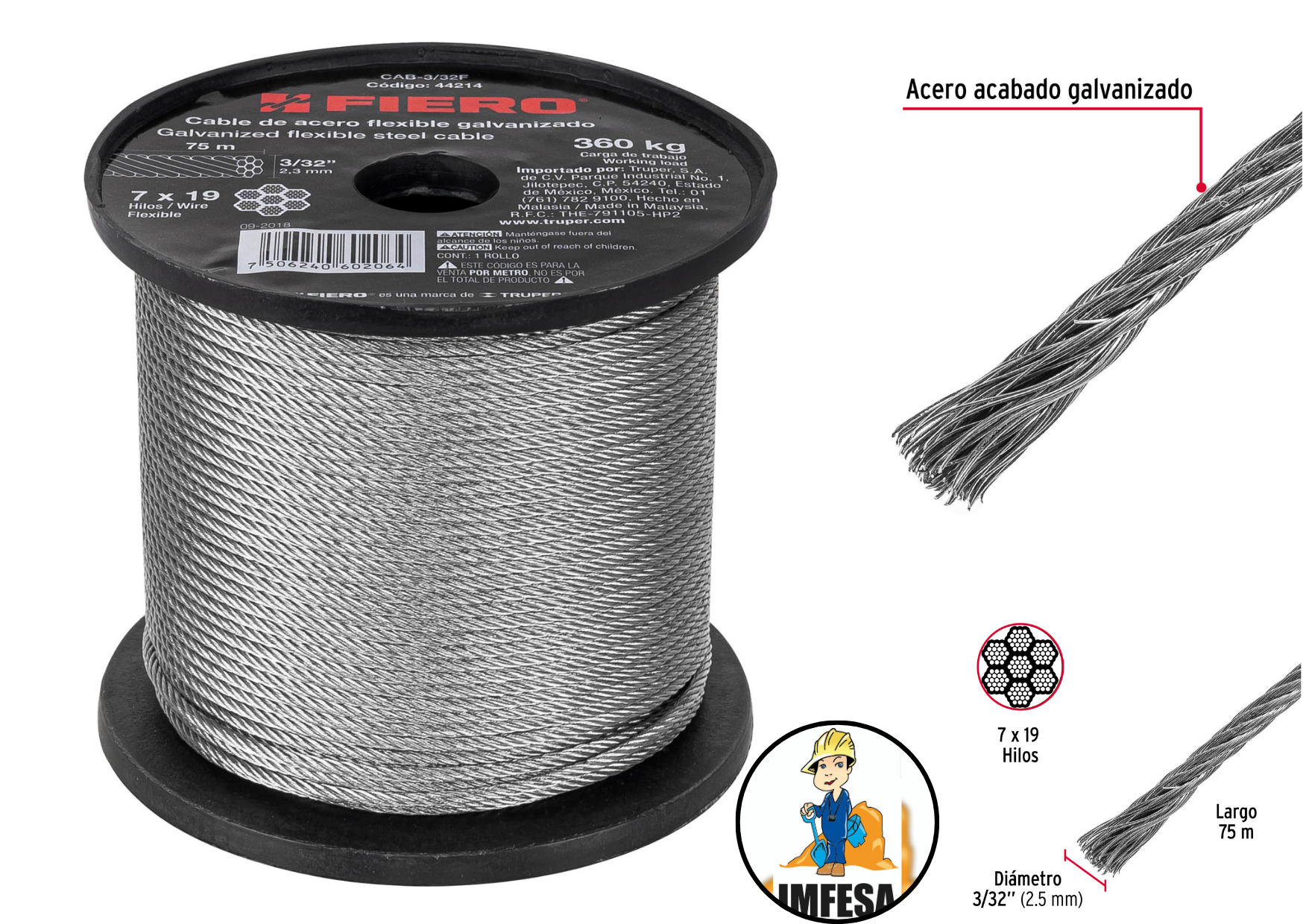 Metro de cable flexible 3/32&#34; de acero 7x19 hilos, 75 m