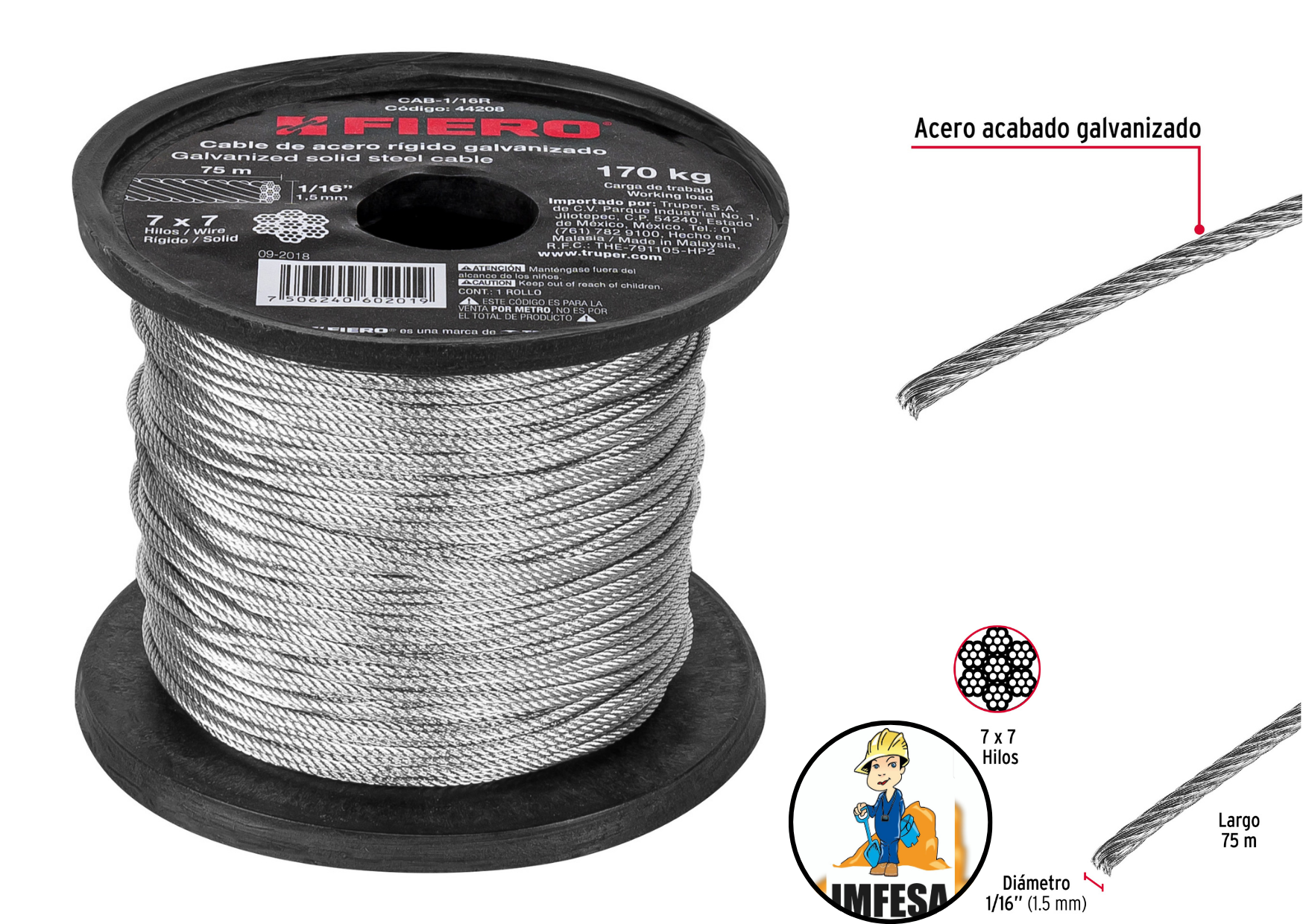 Metro de cable rígido 1/16&#34; de acero 7x7 hilos, 75 m