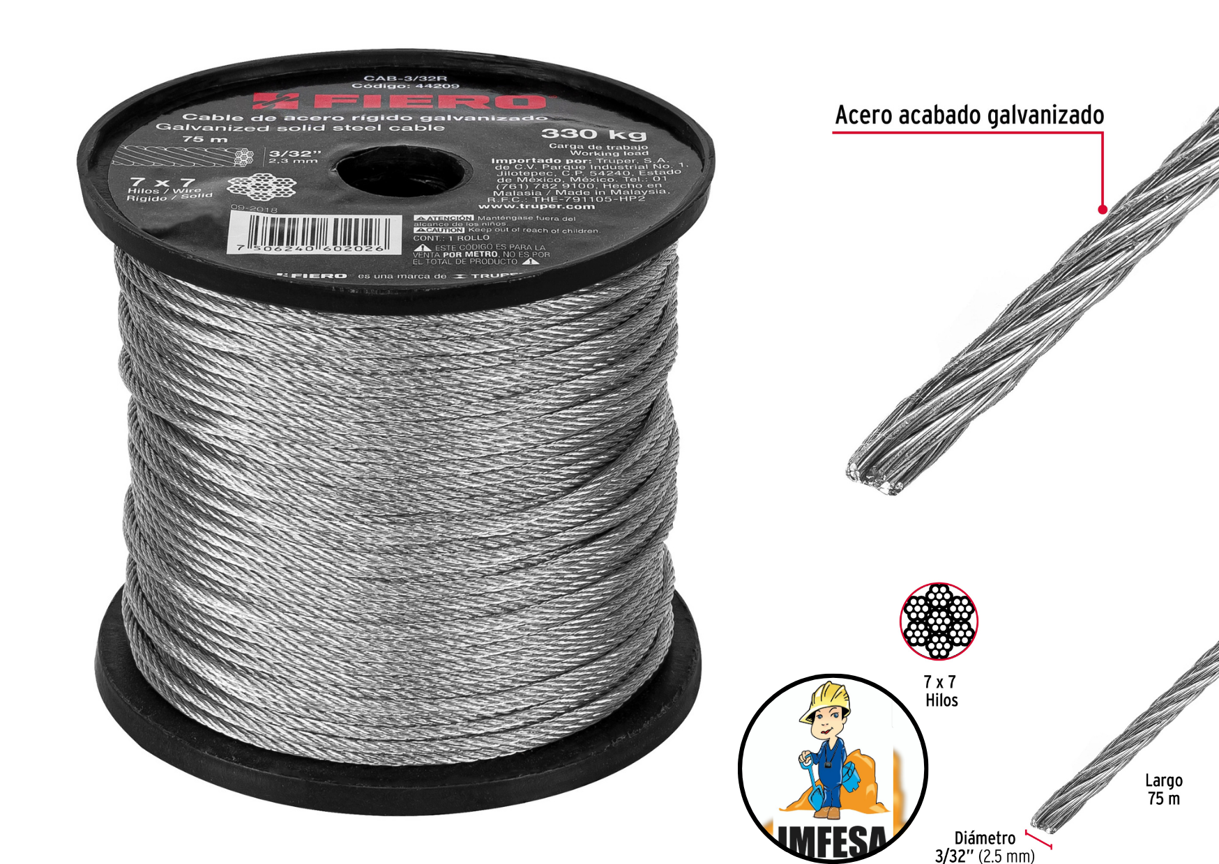 Metro de cable rígido 3/32&#34; de acero 7x7 hilos, 75 m