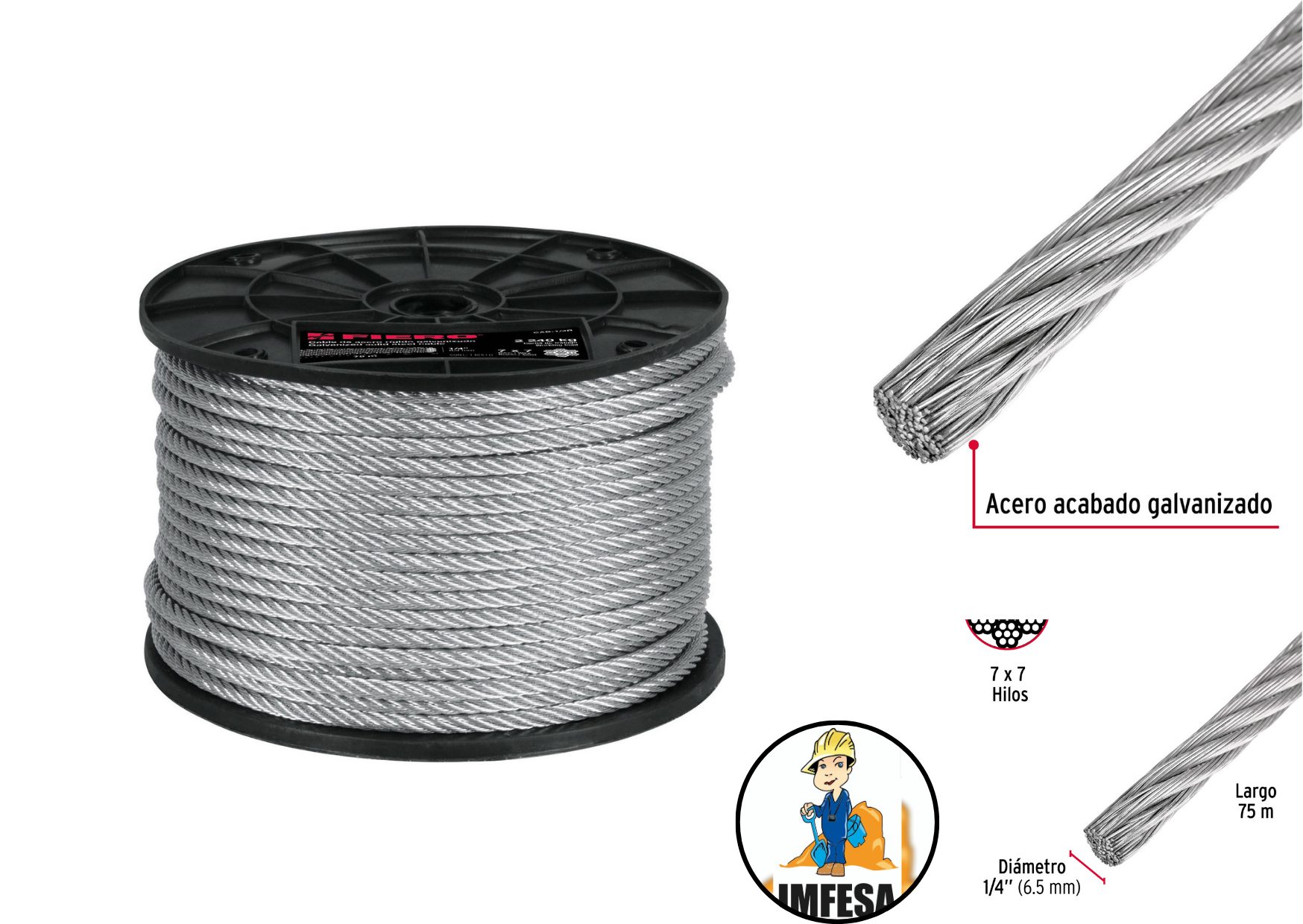 Metro de cable rígido 1/4&#34; de acero 7x7 hilos, 75 m