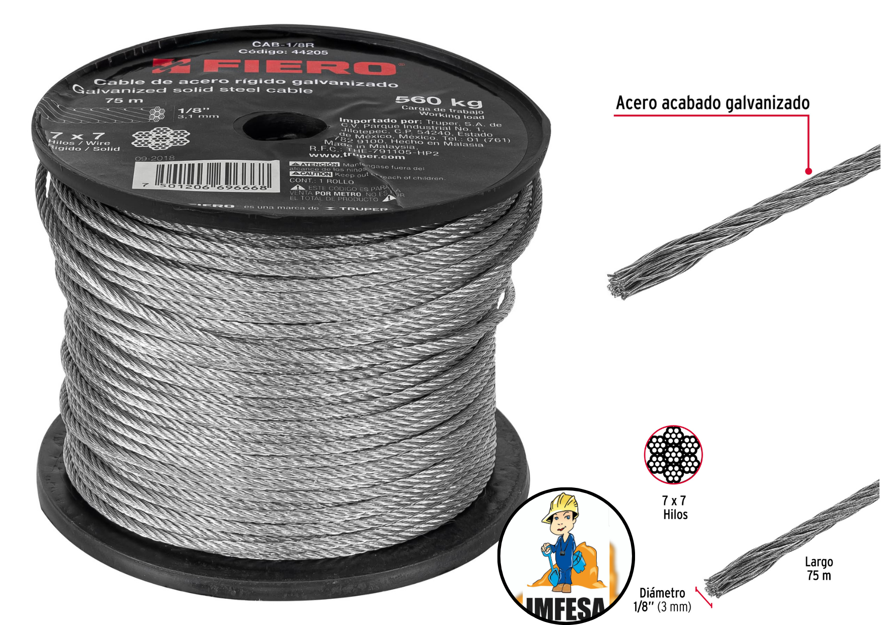 Metro de cable rígido 1/8&#34; de acero 7x7 hilos, 75 m