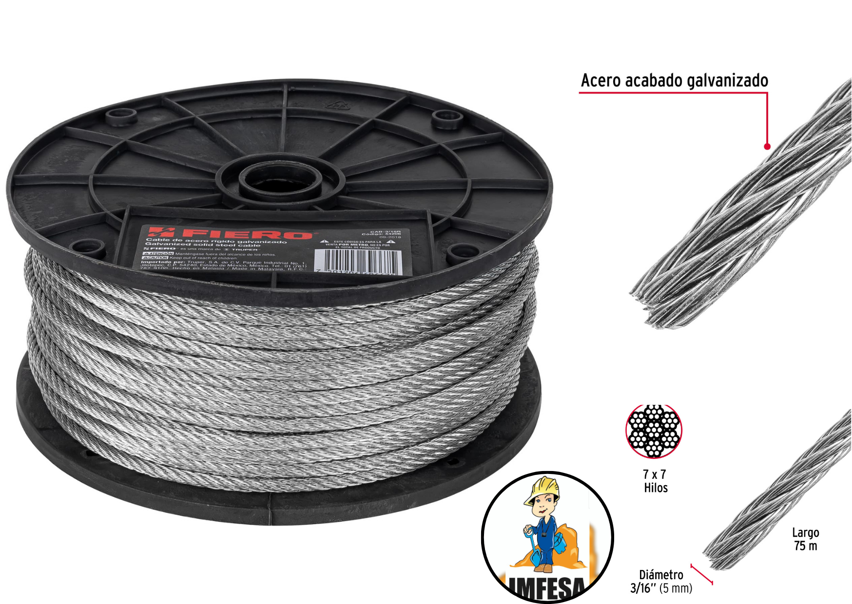 Metro de cable rígido 3/16&#34; de acero 7x7 hilos, 75 m