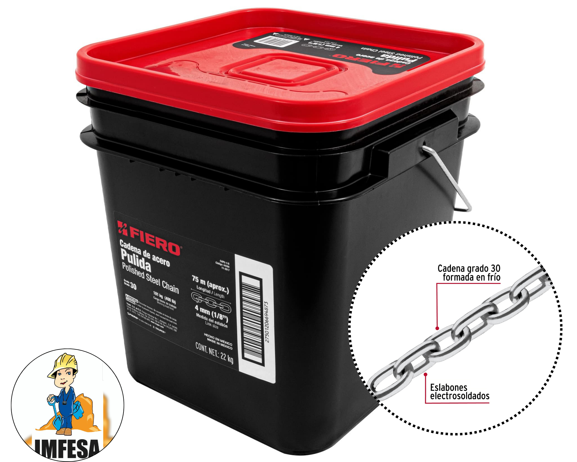 Metro de cadena pulida de 1/8&#34;, 75 m en cubeta