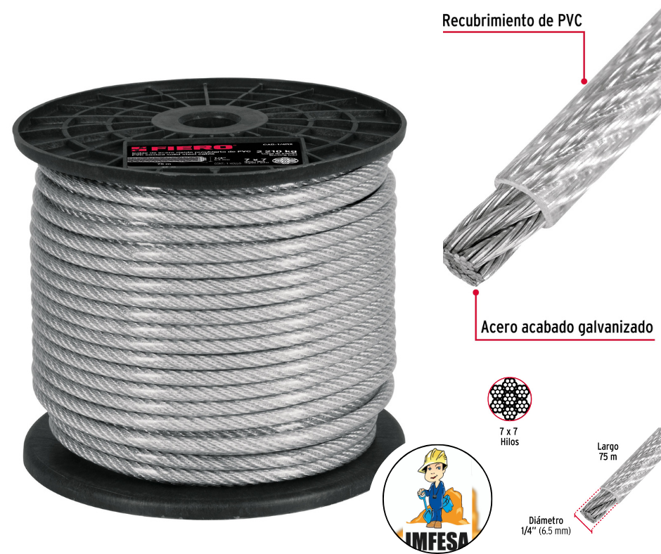 Metro de cable rígido 1/4&#34; acero 7x7 recubierto PVC, 75 m