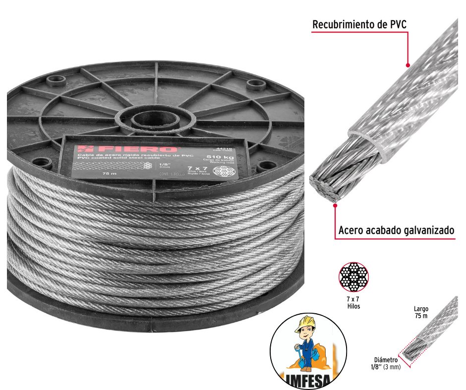 Metro de cable rígido 1/8&#34; acero 7x7 recubierto PVC, 75 m