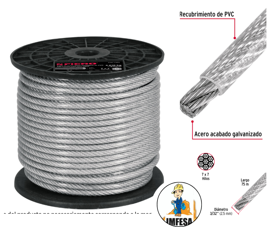Metro de cable rígido 3/32&#34; acero 7x7 recubierto PVC, 75 m