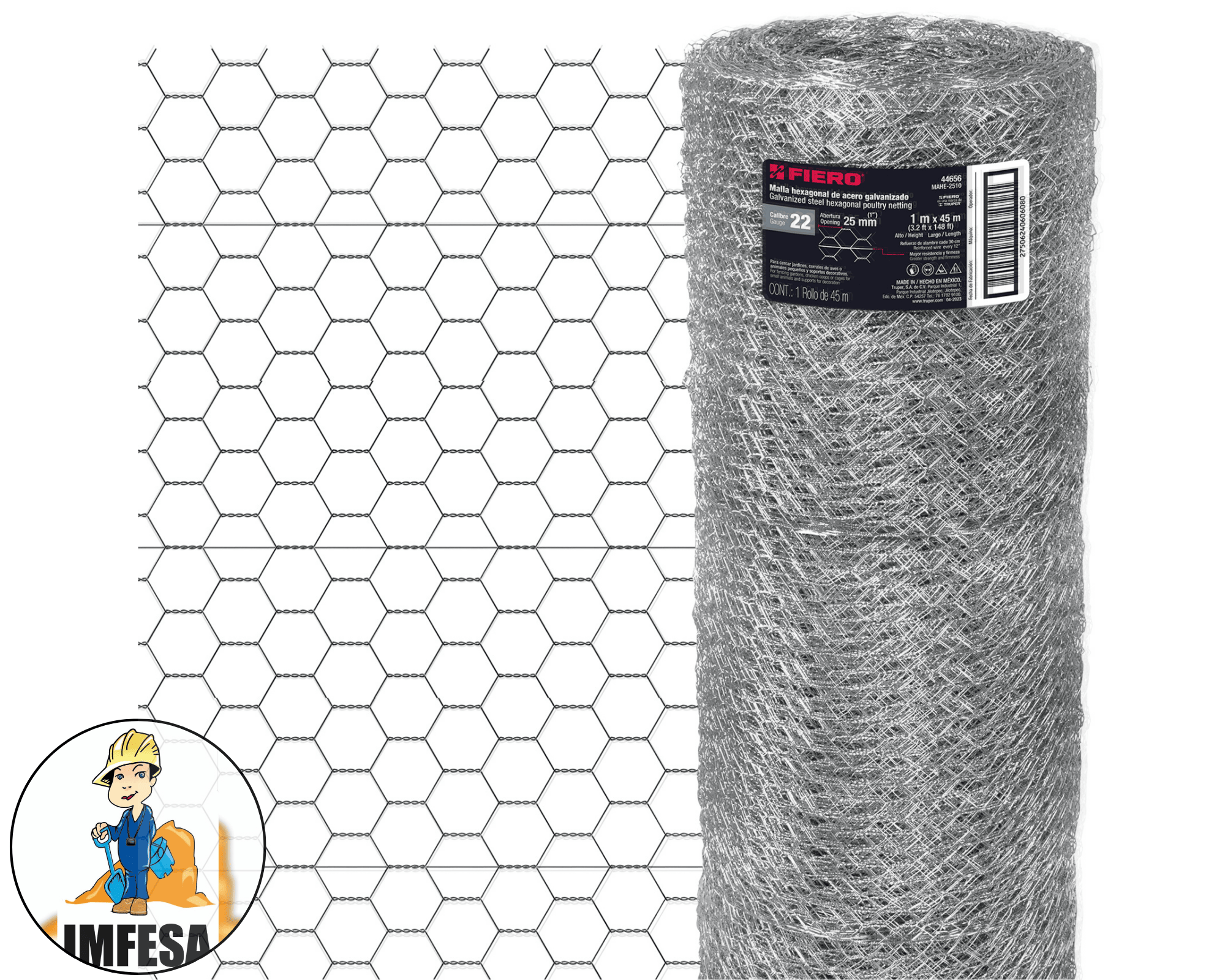 Rollo 45 m x 1 m malla hexagonal calibre 22 abertura 25 mm
