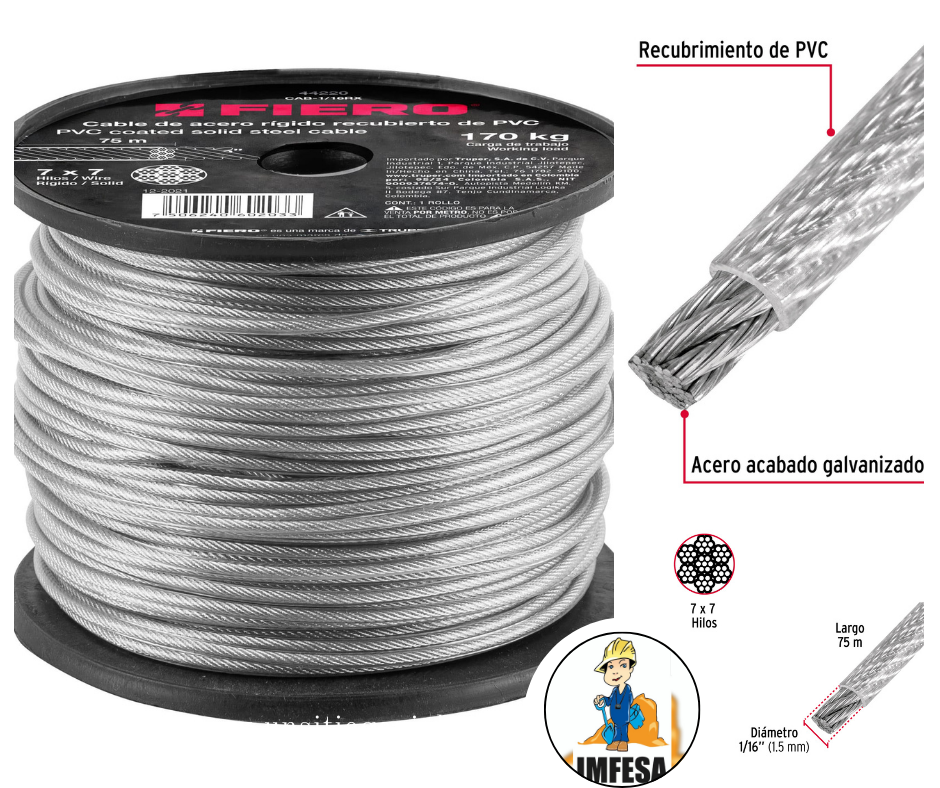 Metro de cable rígido 1/16&#34; acero 7x7 recubierto PVC, 75 m